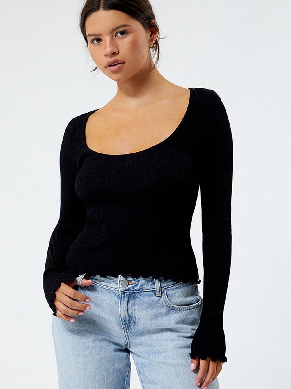 Pacsun LA Hearts Charlotte Slinky Sweater Black Ribbed Scoop Neck Long Sleeve